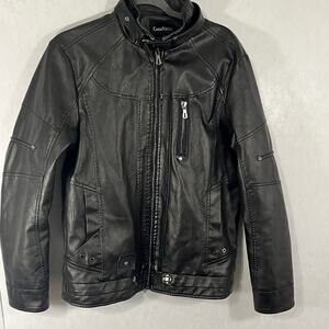 Chou Yatou Men's Black Faux Leather Motorcycle Jacket Coat Small Stand Up Collar
